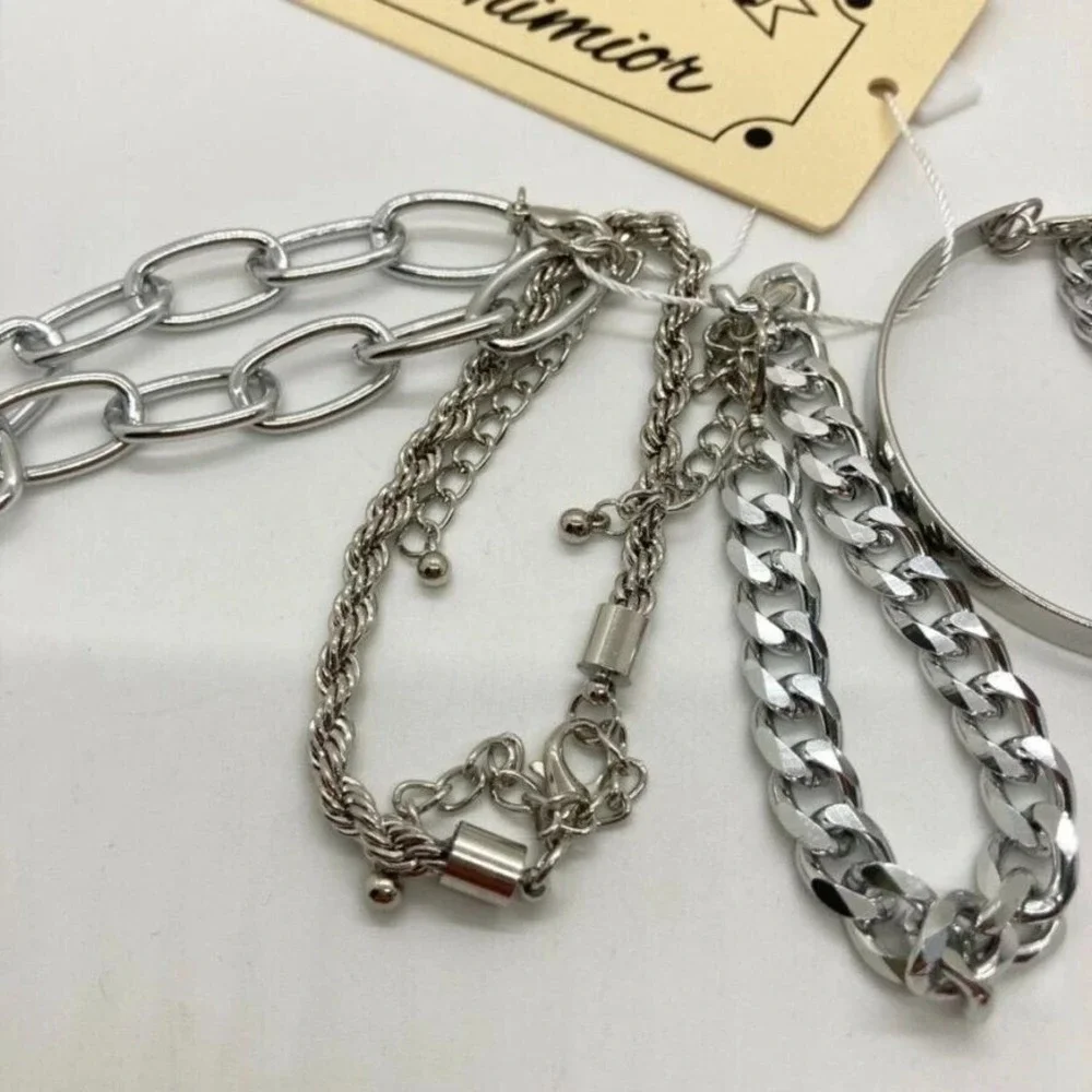Xmimior Silver Tone Multi-Layer Bracelet Set Fashion Chain‎ & Bangle Cuff NEW